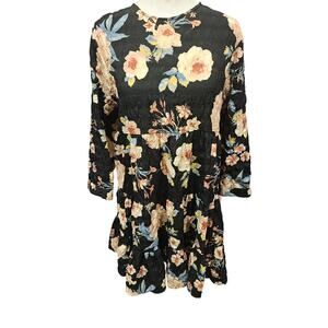 Zara medium long puff sleeve tiered black floral mini swing dress